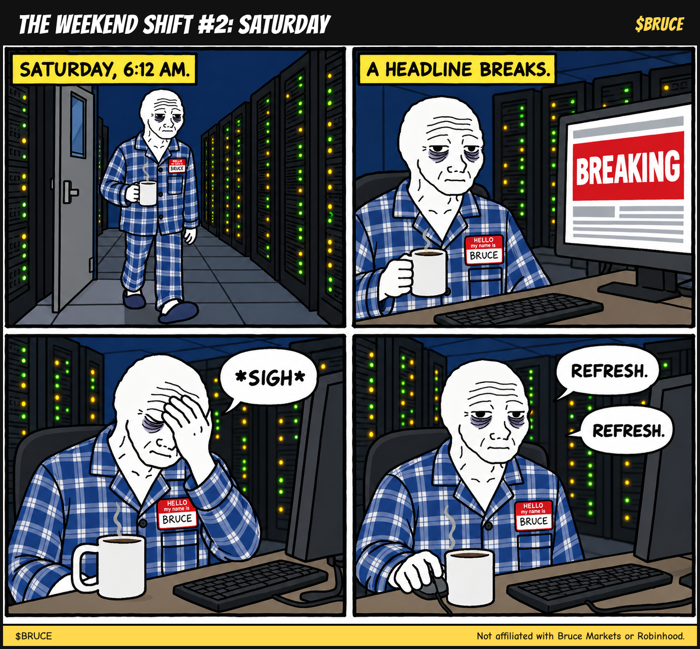 Comic 2, Saturday: at 6:12 AM Bruce walks into the server room in pajamas, a headline breaks, he sighs, and refreshes twice.