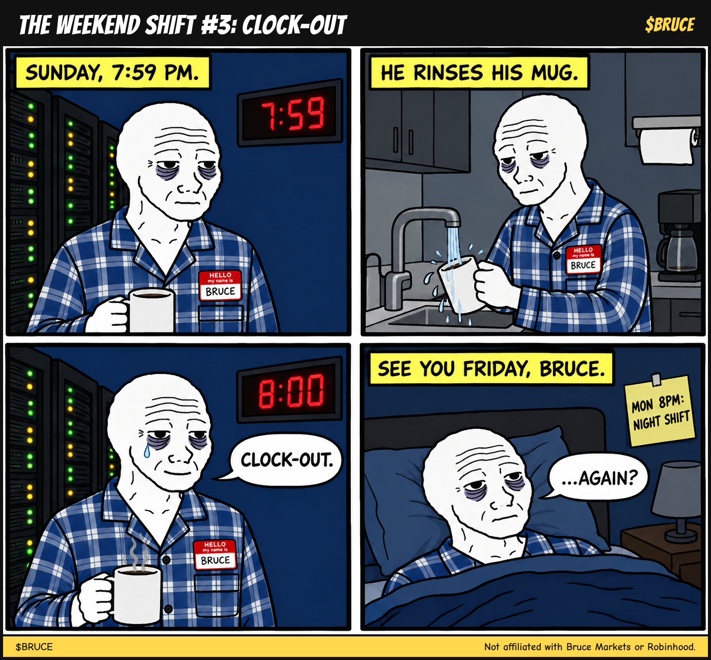Comic 3, Clock-out: Sunday 7:59 PM, Bruce rinses his mug, clocks out at 8:00, and lies in bed next to a note for Monday night shift. See you Friday, Bruce.